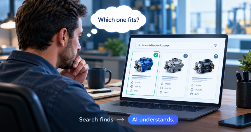 B2B buyer reviewing three industrial hydraulic pumps on a laptop screen with technical specifications while a thought bubble asks "Which one fits?" and caption reads "Search finds -> AI understands.