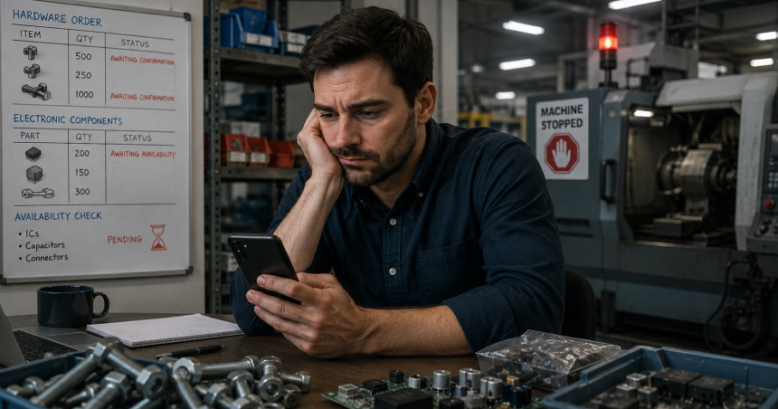 Frustrated B2B procurement manager checking phone in factory with stopped machine and pending order status board