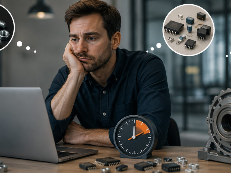 Frustrated B2B buyer waiting at laptop next to clock, thinking of industrial fasteners, microchips, and electric motors