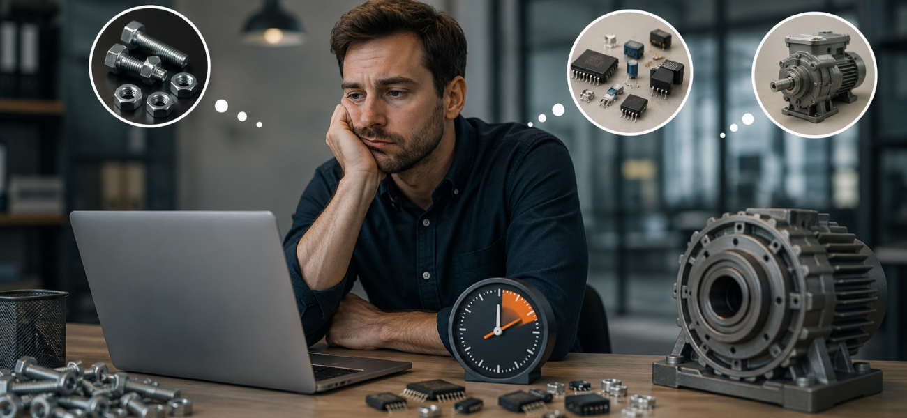 Frustrated B2B buyer waiting at laptop next to clock, thinking of industrial fasteners, microchips, and electric motors