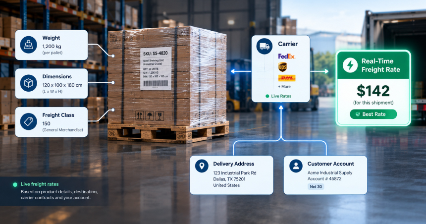 Diagram of an automated real-time freight shipping calculation ($142) for a warehouse pallet shipment.