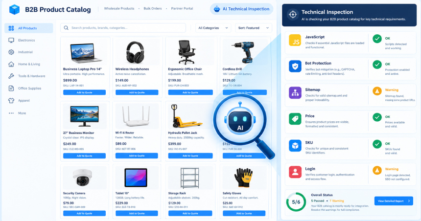 B2B product catalog interface split with an AI technical inspection dashboard analyzing website requirements.