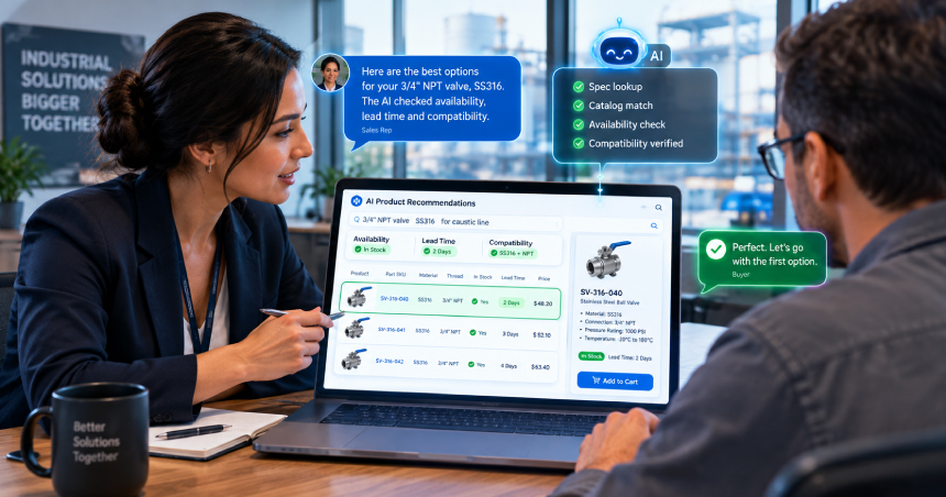 B2B sales representative showing AI product recommendations for industrial valves on laptop to buyer