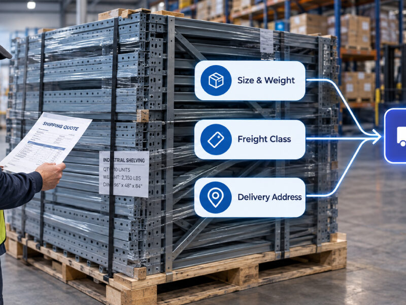 B2B warehouse worker checking a freight shipping quote for a pallet of steel shelving.