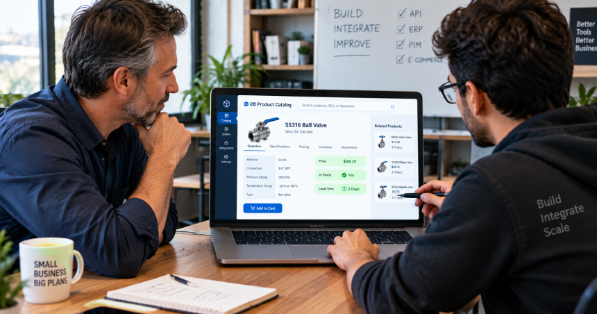 Business owner and developer reviewing a B2B product catalog interface for industrial parts on laptop