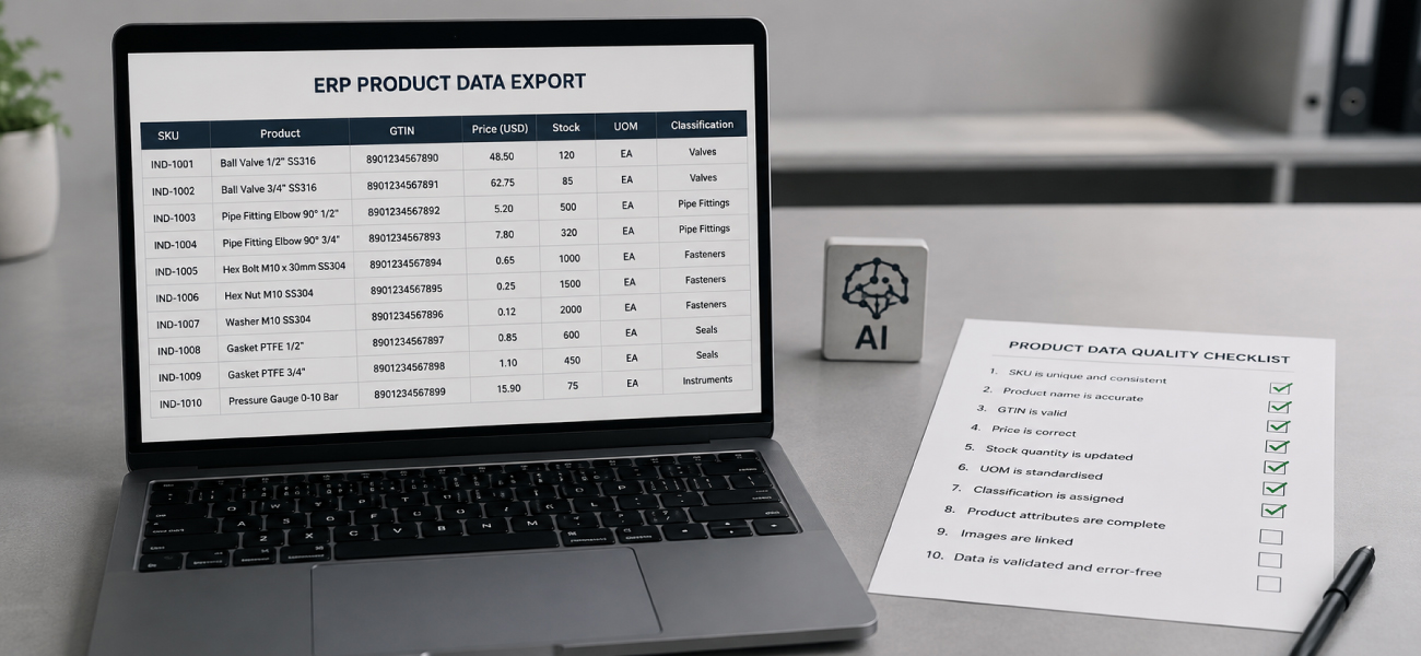 Laptop screen displaying an ERP product data export table next to an AI block and a product data quality checklist on a clean office desk.