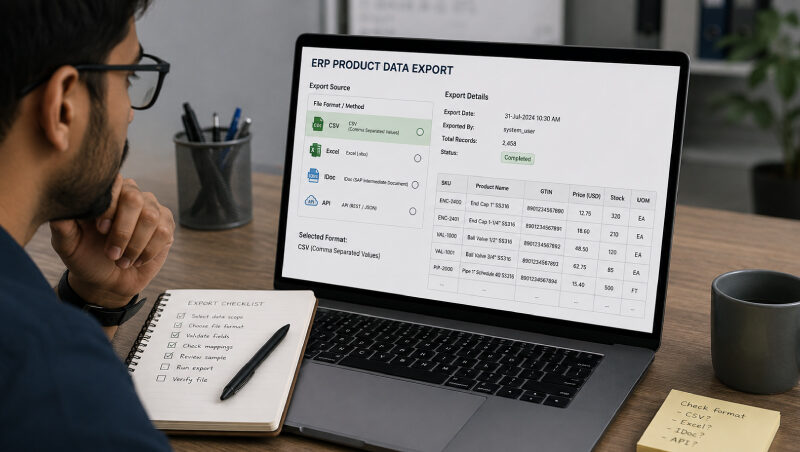 Man wearing glasses reviewing an ERP product data export screen on a laptop next to a handwritten checklist notebook.