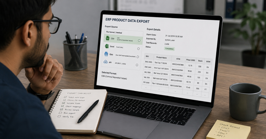 Man wearing glasses reviewing an ERP product data export screen on a laptop next to a handwritten checklist notebook.