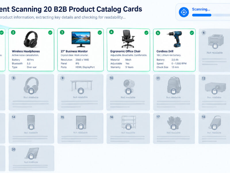 Dashboard illustrating an AI agent scanning 20 B2B product catalog cards with only 5 marked as readable and 15 blocked.