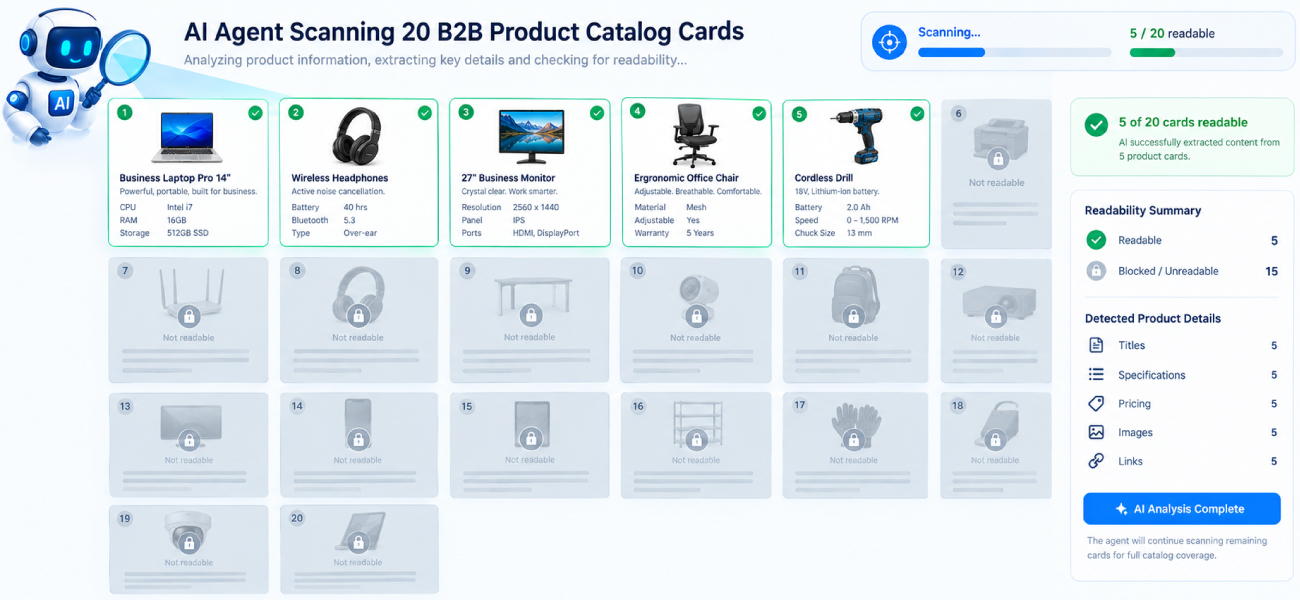 Dashboard illustrating an AI agent scanning 20 B2B product catalog cards with only 5 marked as readable and 15 blocked.