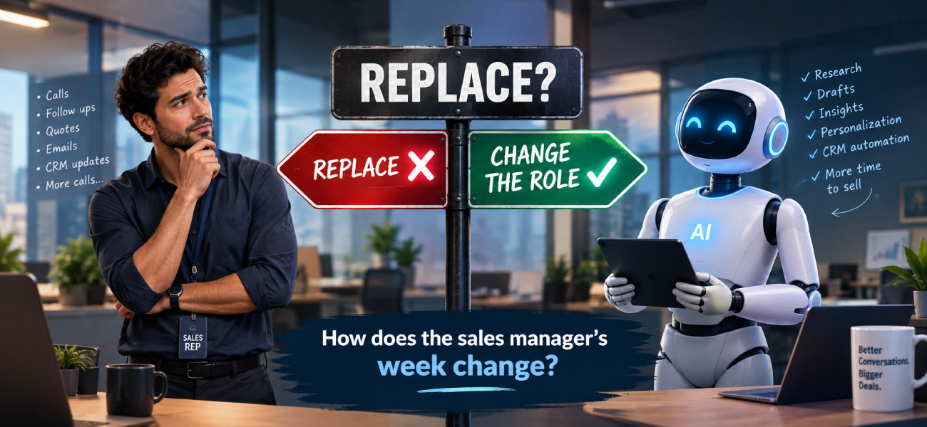 Sales representative considering AI automation versus replacement for sales roles and tasks.
