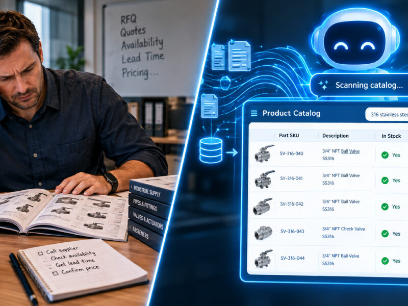 AI chatbot scanning an automated product catalog for industrial parts, contrasting with a procurement professional doing manual catalog lookup.
