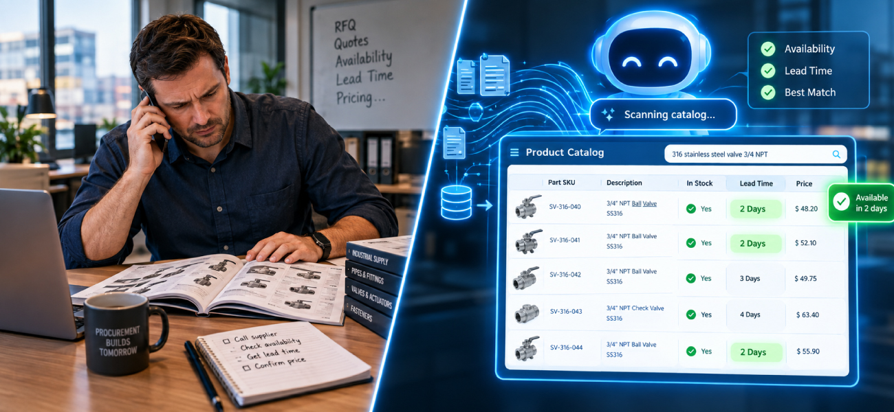 AI chatbot scanning an automated product catalog for industrial parts, contrasting with a procurement professional doing manual catalog lookup.