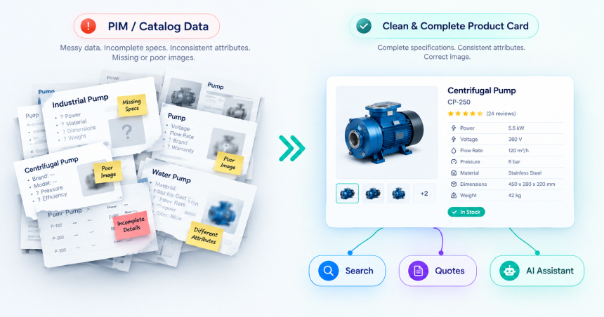 Comparison diagram showing disorganized PIM catalog data transformed into a clean, complete ecommerce product card connected to search, quotes, and AI assistant tools.