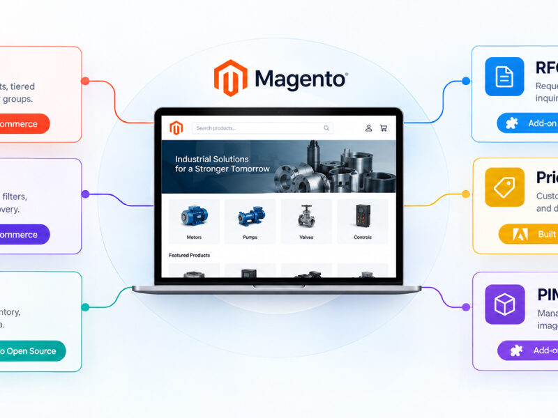 Magento storefront on a laptop surrounded by Adobe Commerce and Magento Open Source extension blocks including B2B, Search, ERP, RFQ, Pricing, and PIM