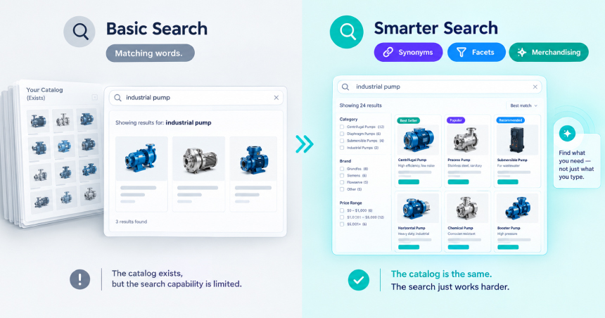 Comparison diagram showing Basic Search with limited keyword matching versus Smarter Search using synonyms, facets, and merchandising for better product discovery.