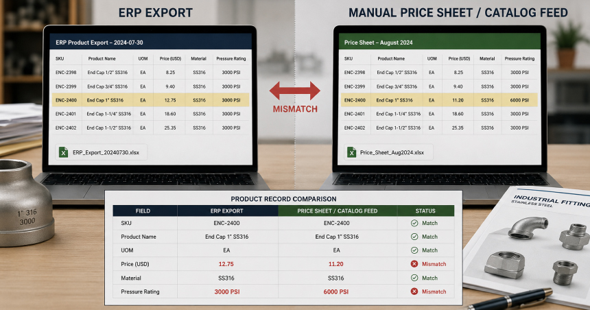 Two laptops showing a product data mismatch between an ERP export and a manual price sheet catalog feed alongside a record comparison table