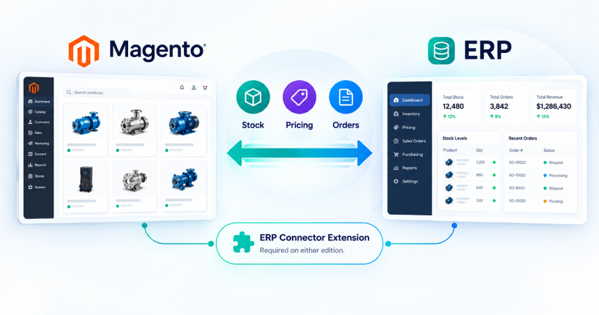 Integration diagram showing a Magento storefront connected to an ERP system via an ERP Connector Extension to sync stock, pricing, and orders.