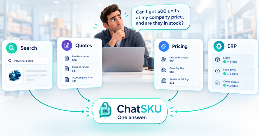 Diagram showing a B2B buyer querying ChatSKU, which pulls data from Search, Quotes, Pricing, and ERP systems to provide a single answer.