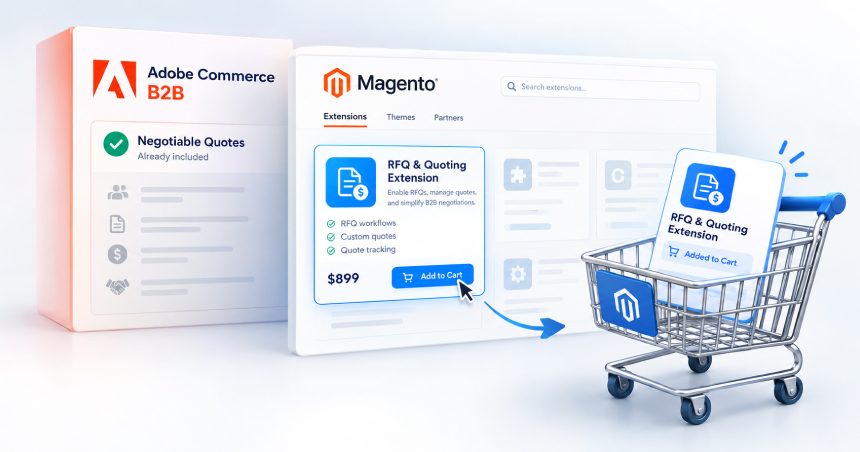 Magento marketplace interface showing an RFQ & Quoting extension being added to a miniature shopping cart alongside Adobe Commerce B2B negotiable quotes