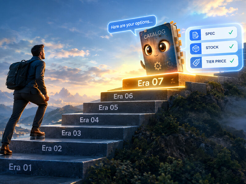 Man walking up stone staircase labeled Era 01 through Era 08, stopping at a glowing Era 07 step featuring an animated catalog character with UI popups for Spec, Stock, and Tier Price.