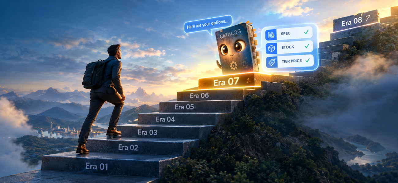 Man walking up stone staircase labeled Era 01 through Era 08, stopping at a glowing Era 07 step featuring an animated catalog character with UI popups for Spec, Stock, and Tier Price.