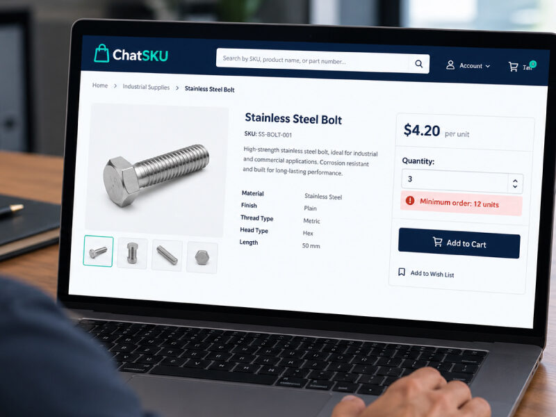 B2B buyer attempting to order 3 units on ChatSKU e-commerce portal showing a minimum order quantity error of 12 units for stainless steel bolts.