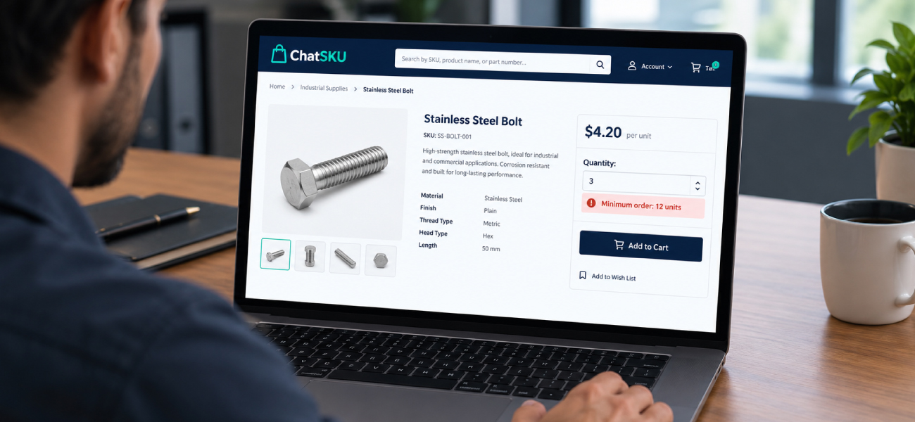 B2B buyer attempting to order 3 units on ChatSKU e-commerce portal showing a minimum order quantity error of 12 units for stainless steel bolts.
