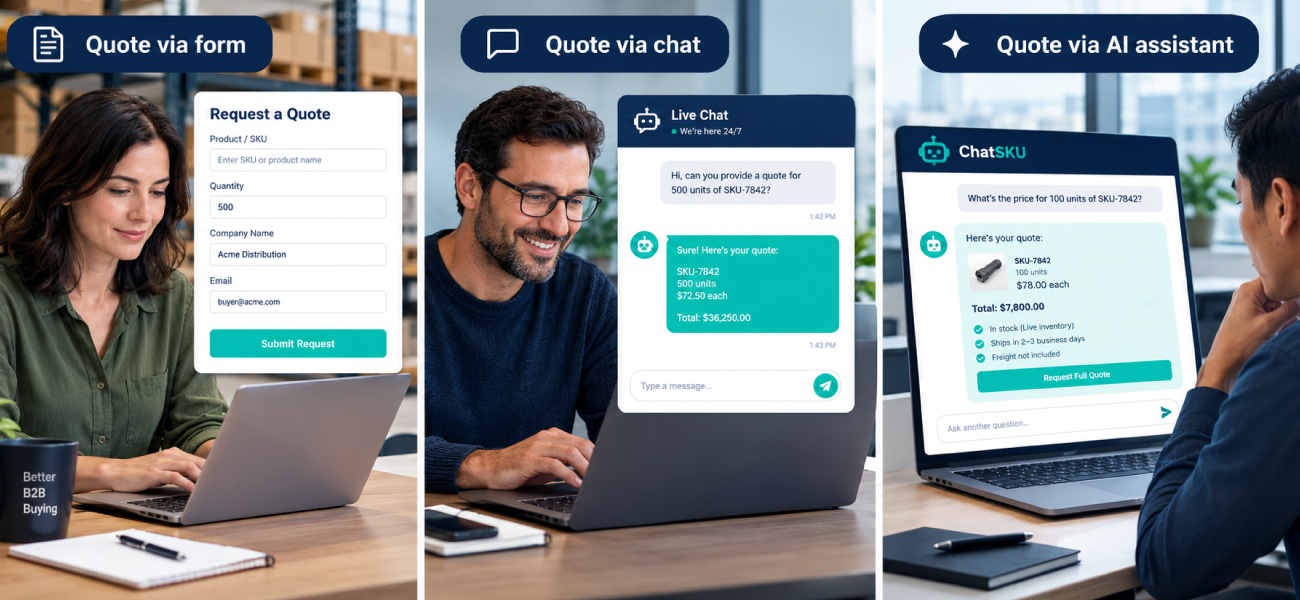 Three B2B buyers at three desks requesting a BigCommerce quote by quote form, live chat and AI catalog assistant