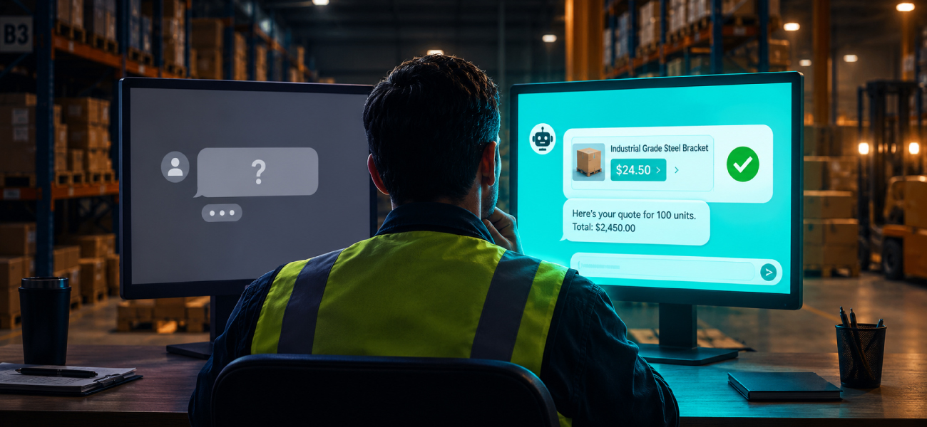 Warehouse worker using an AI-powered B2B ecommerce chatbot to generate an instant product quote for industrial steel brackets.