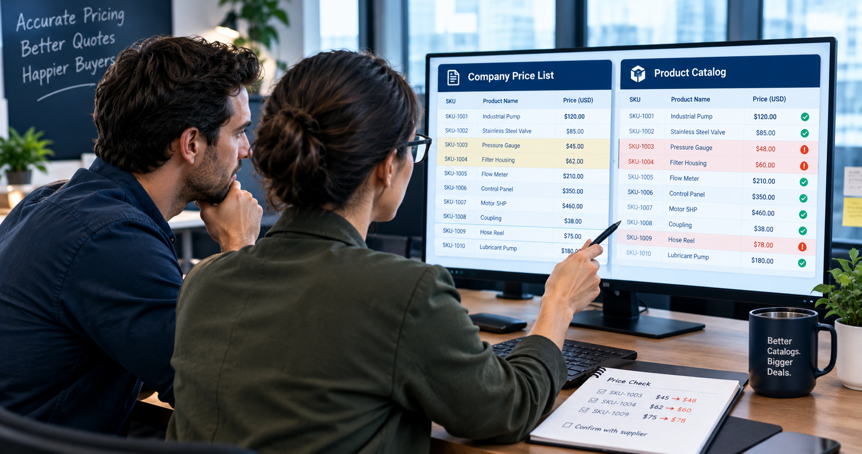 Buyer and colleague comparing customer-specific B2B prices on a laptop to check a BigCommerce quote