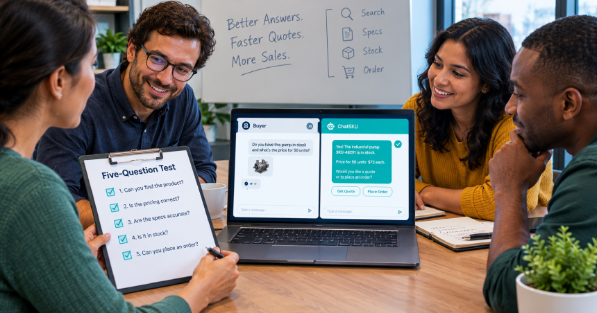 B2B ecommerce team evaluating ChatSKU AI chatbot with a five-question test covering product search, pricing accuracy, product specifications, stock availability, and order placement.