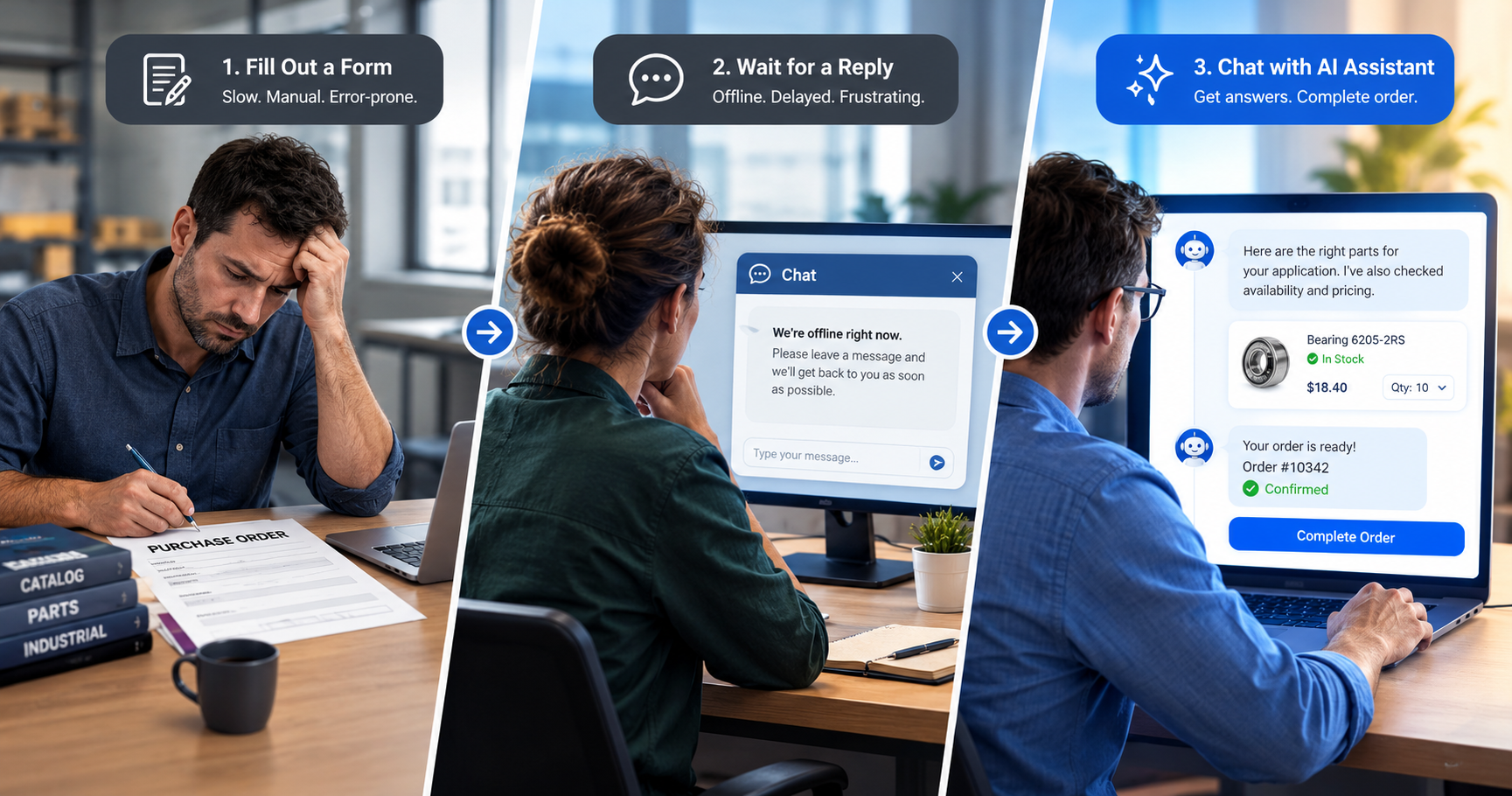Buyer comparing a manual B2B quote form with an AI catalog assistant to move a BigCommerce order request from form to order