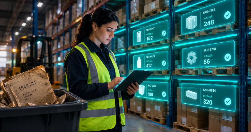 Warehouse manager checking real-time inventory levels on a tablet with live stock tracking data displayed across warehouse shelves.