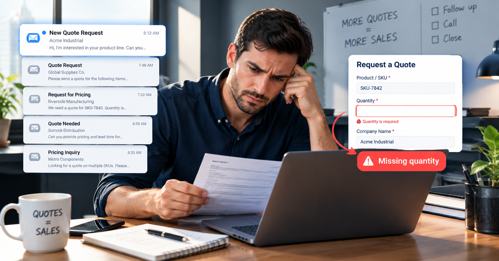 Frustrated B2B buyer reviewing a quote form with a missing quantity that caused a missed BigCommerce quote
