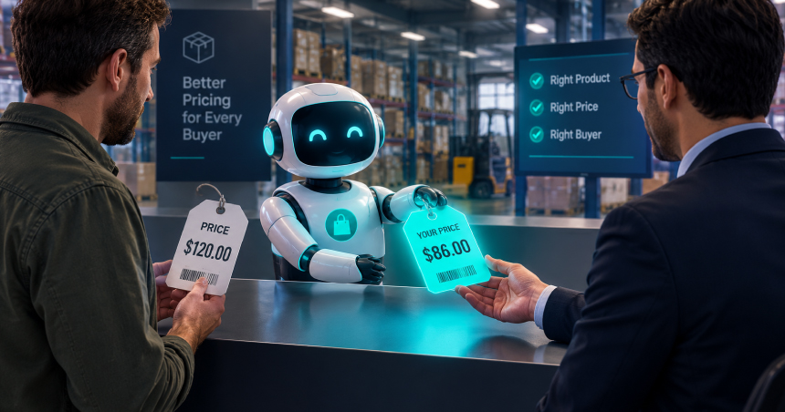 AI-powered B2B ecommerce pricing assistant helping business buyers receive personalized product pricing based on customer-specific pricing rules.
