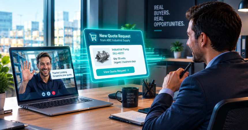 B2B ecommerce quote management system displaying an industrial pump RFQ request while a sales representative reviews the quotation during a video call with a buyer.