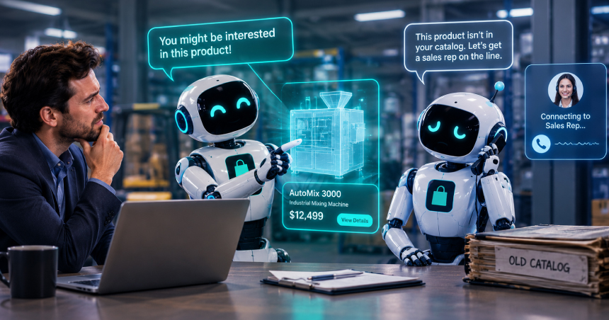 AI-powered B2B ecommerce chatbot recommending relevant industrial products and connecting buyers with a sales representative when an item is missing from the product catalog.